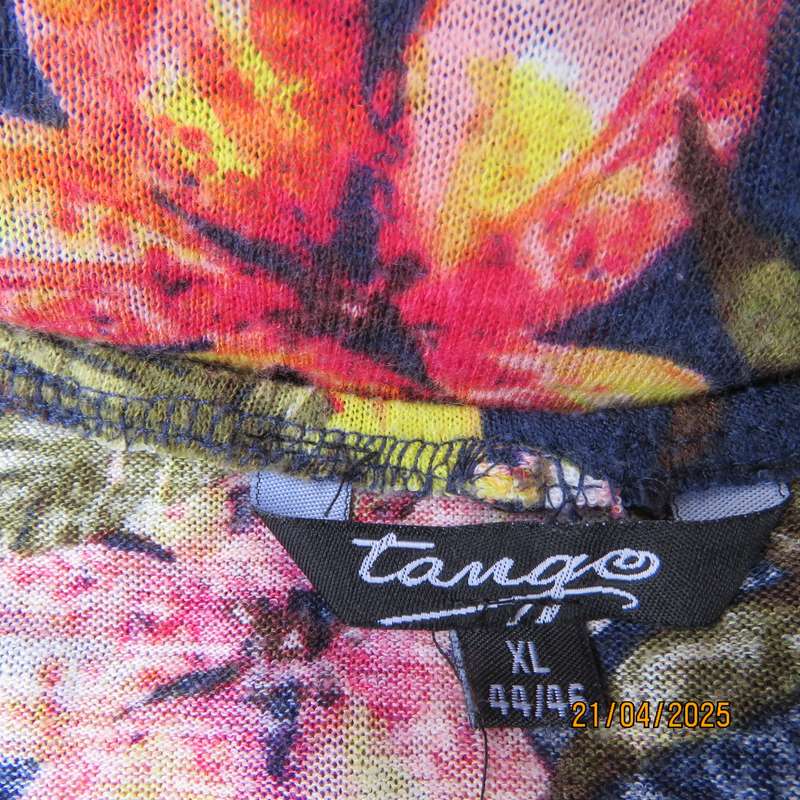 Navy off the shoulder polyester top with yellow-orange lilies. Size 44