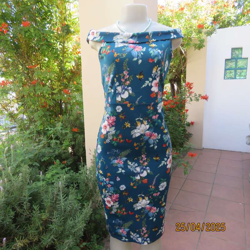MISS L dark jade heavy stretch polyester stretch bodycon size 32 dress with floral pattern.