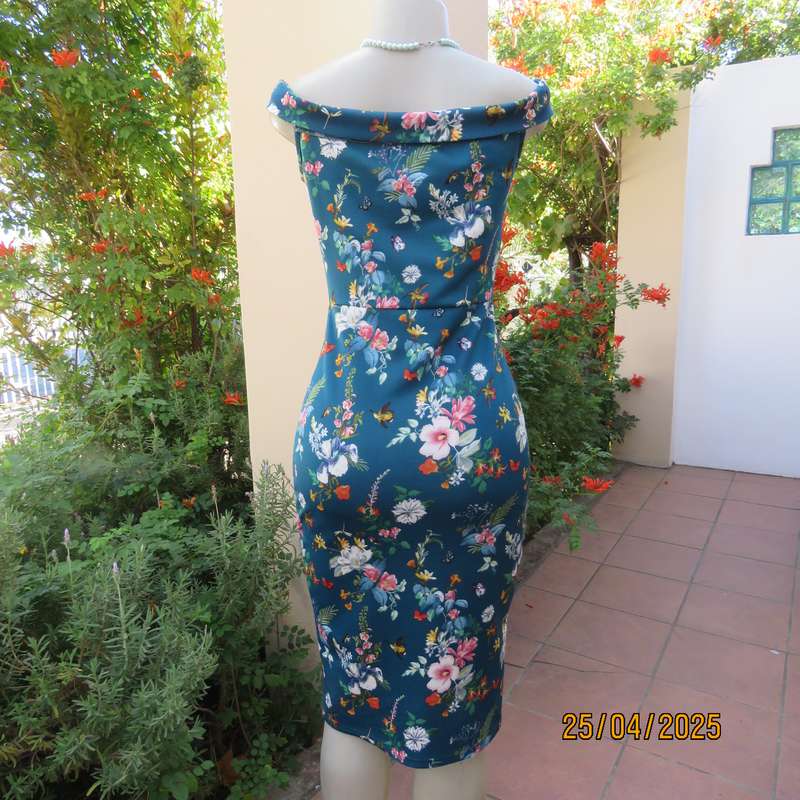 MISS L dark jade heavy stretch polyester stretch bodycon size 32 dress with floral pattern.