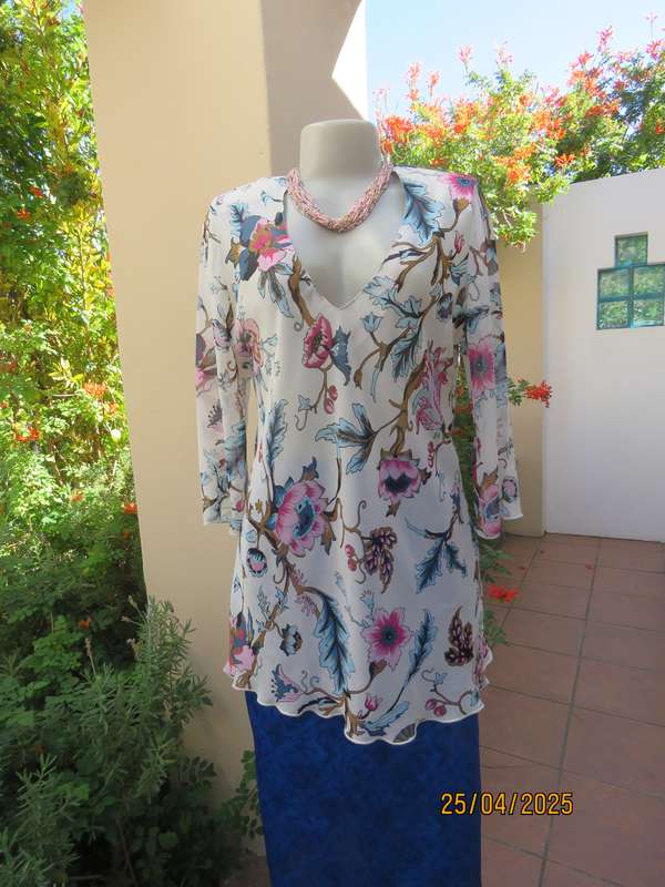 EXACT slip over white sheer polyester with blue-pink flowers. V neck. Size 36.
