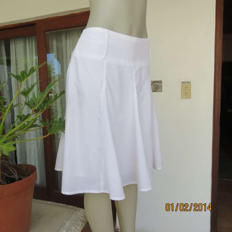 As new white gored skirt with wide yoked waistband.Zip at size. Size 36 by IMAGE.2Layers polycotton.
