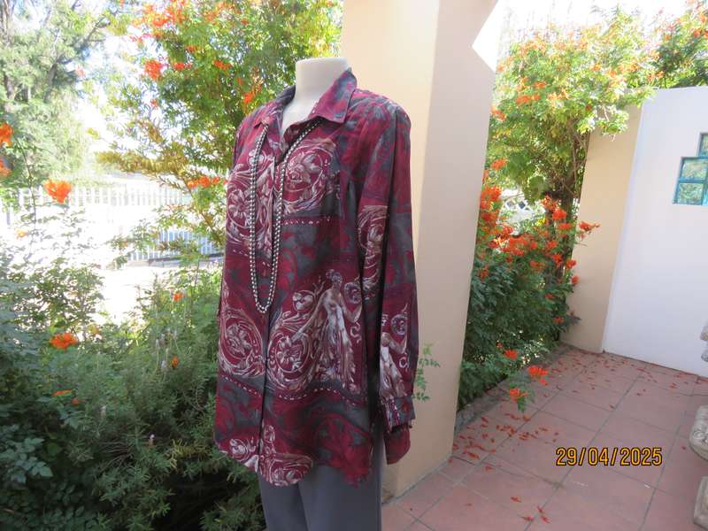 LARGELY FEMININE baroque printed maroon-beige-grey green long sleeve top size 46.