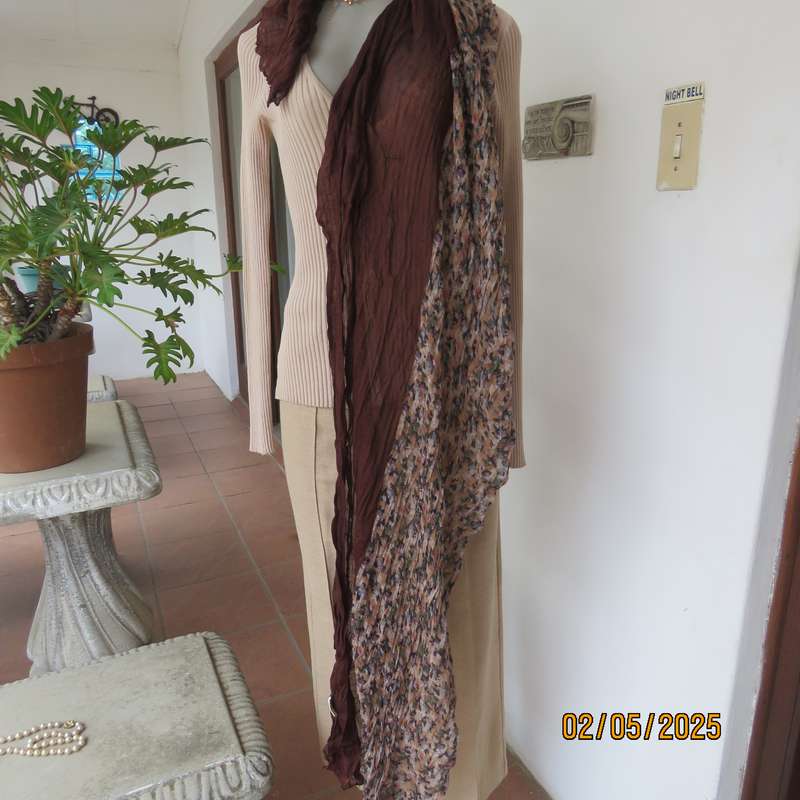 GIFT OF NATURE creased polycotton brown-beige with tiny blue flowers 180cm x  92cm scarf.