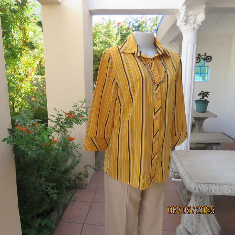 MILADYS button down vertical striped top in mustard-vanilla and brown. Size 38