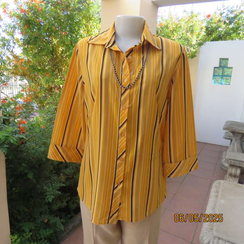 MILADYS button down vertical striped top in mustard-vanilla and brown. Size 38