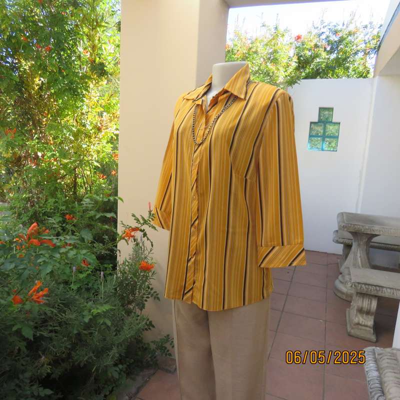 MILADYS button down vertical striped top in mustard-vanilla and brown. Size 38