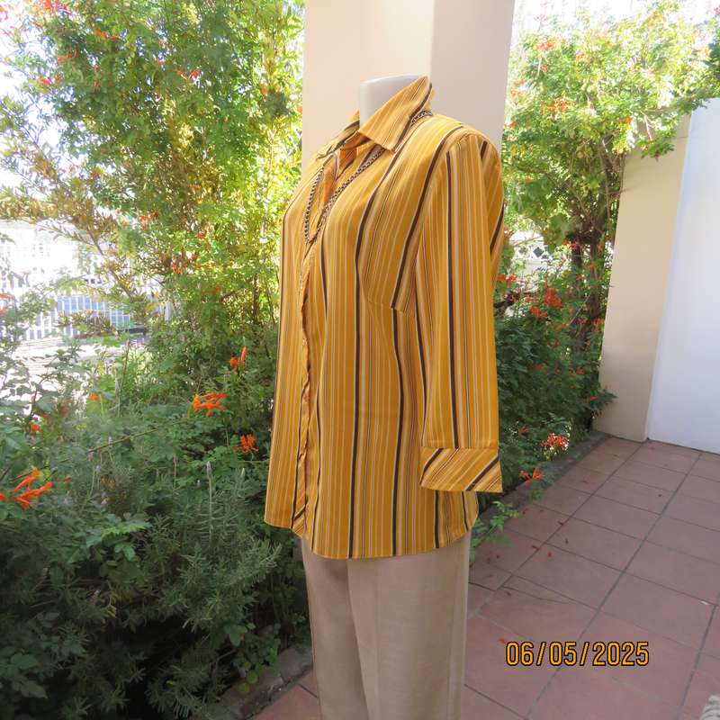 MILADYS button down vertical striped top in mustard-vanilla and brown. Size 38