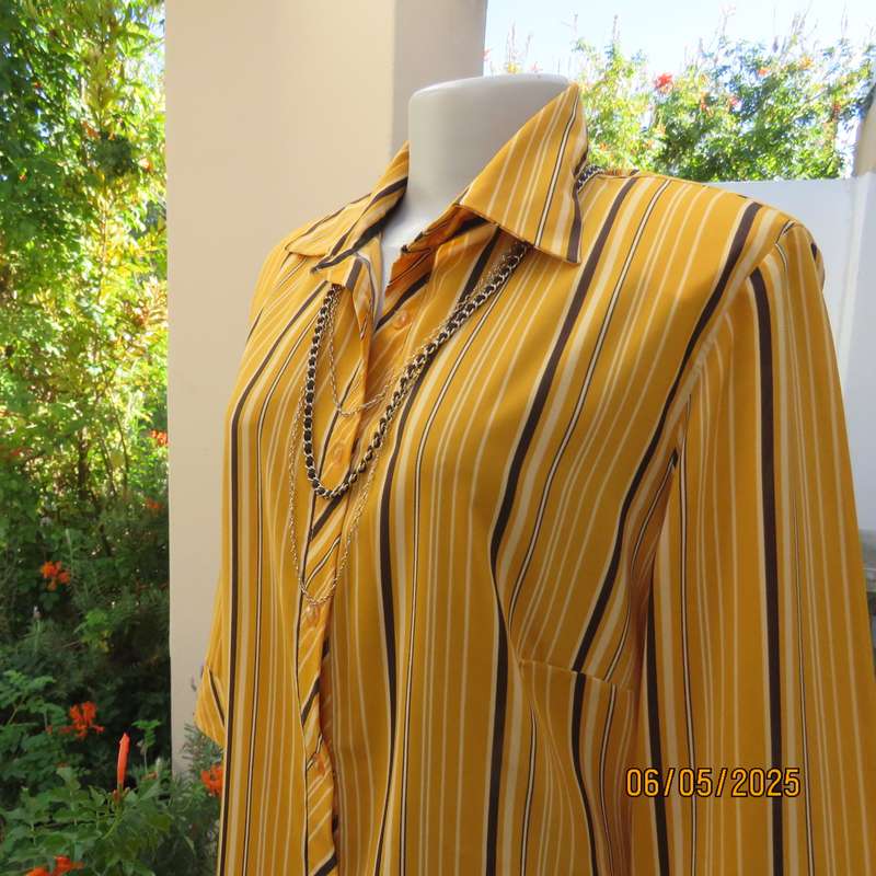 MILADYS button down vertical striped top in mustard-vanilla and brown. Size 38