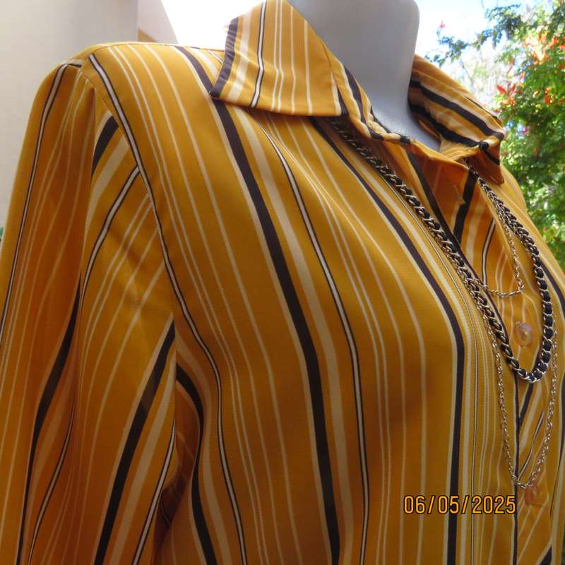 MILADYS button down vertical striped top in mustard-vanilla and brown. Size 38