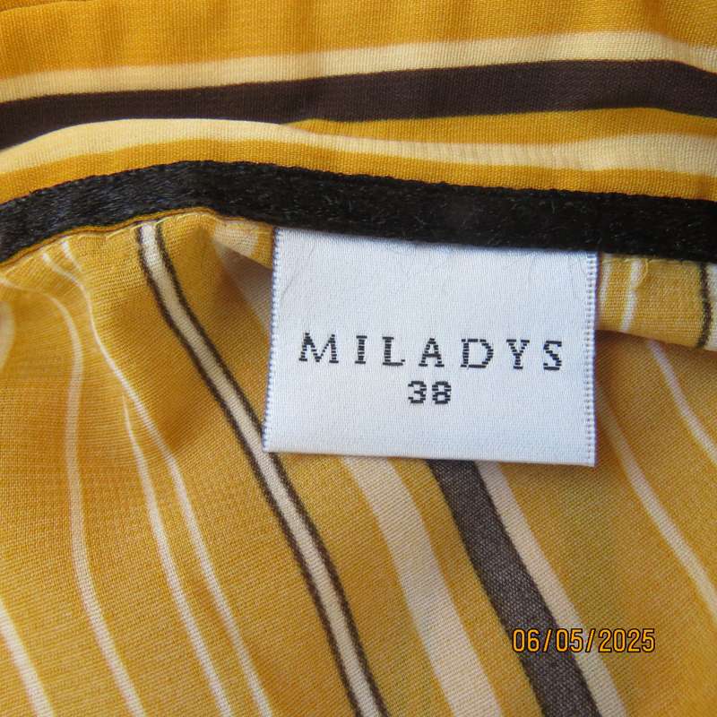 MILADYS button down vertical striped top in mustard-vanilla and brown. Size 38