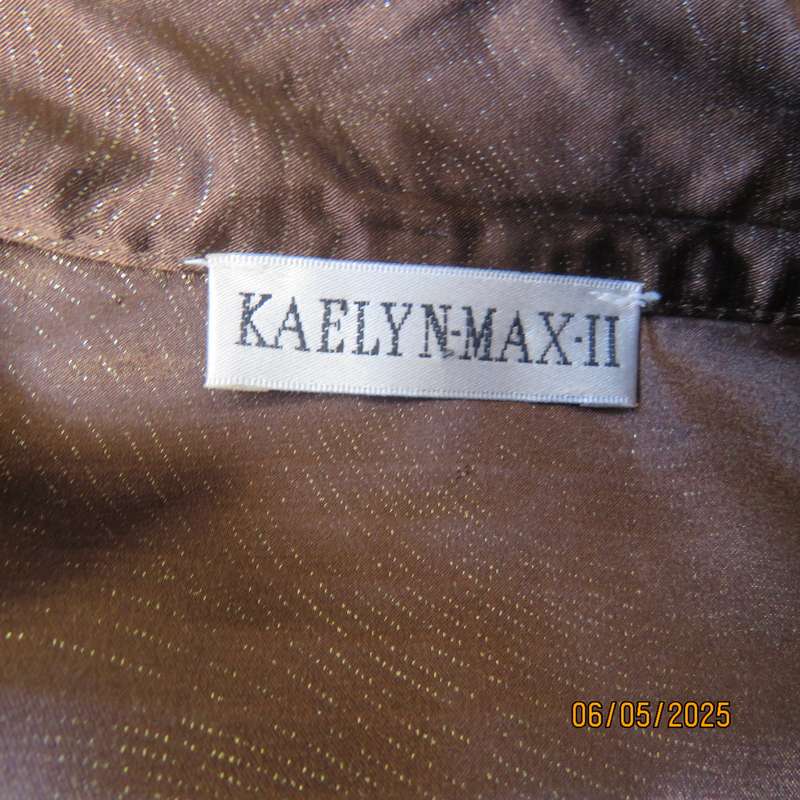 KAELYN MAX Los Angeles brown long sleeve silky stretch polyester top with gold glam twirls. Size 50