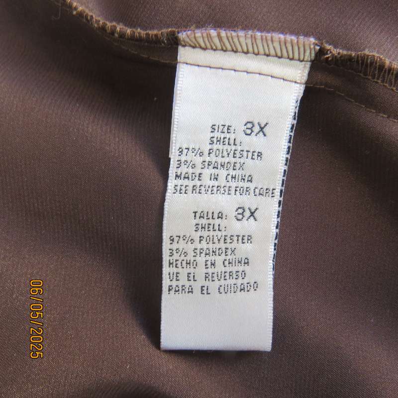 KAELYN MAX Los Angeles brown long sleeve silky stretch polyester top with gold glam twirls. Size 50