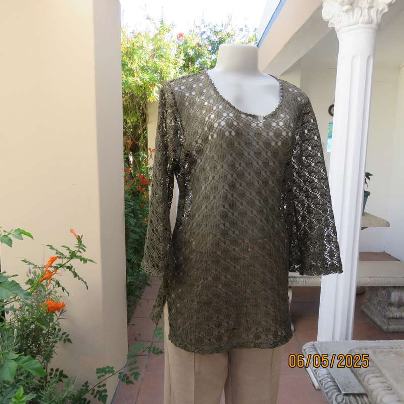 Army green polycotton patterned mesh slip over long sleeve top with silver beads. Size 38