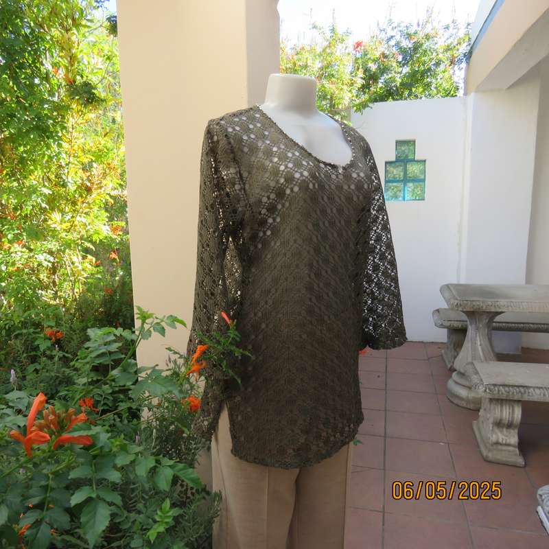 Army green polycotton patterned mesh slip over long sleeve top with silver beads. Size 38