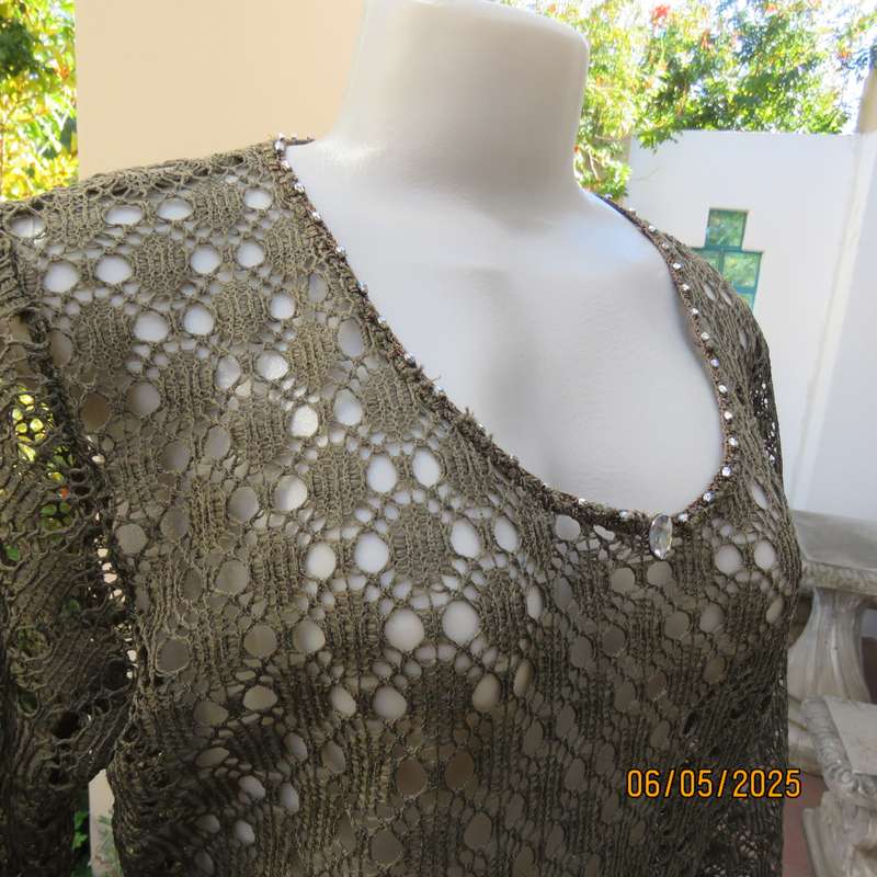 Army green polycotton patterned mesh slip over long sleeve top with silver beads. Size 38