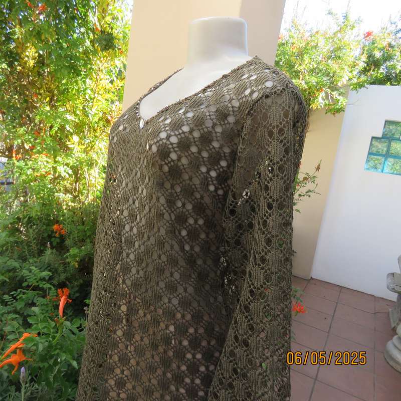 Army green polycotton patterned mesh slip over long sleeve top with silver beads. Size 38