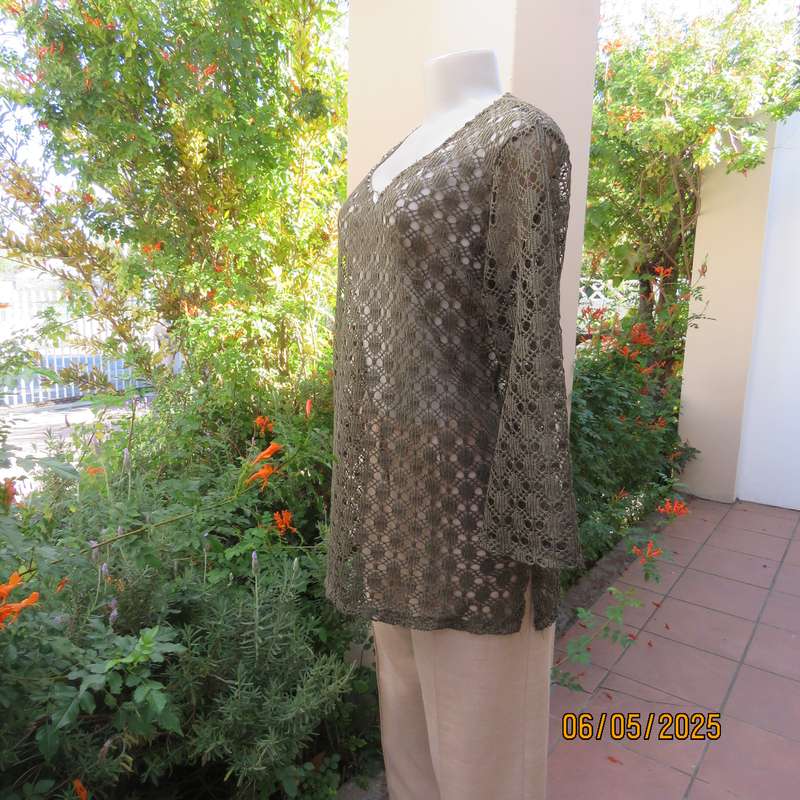 Army green polycotton patterned mesh slip over long sleeve top with silver beads. Size 38