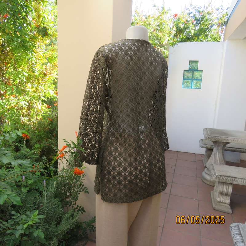 Army green polycotton patterned mesh slip over long sleeve top with silver beads. Size 38