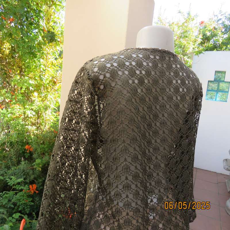 Army green polycotton patterned mesh slip over long sleeve top with silver beads. Size 38