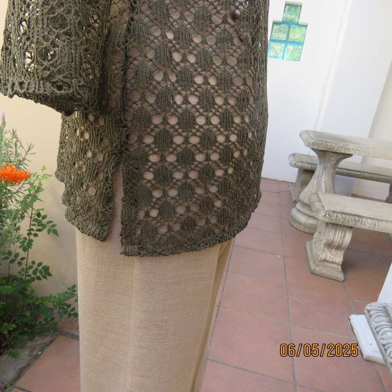 Army green polycotton patterned mesh slip over long sleeve top with silver beads. Size 38