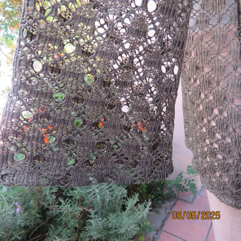 Army green polycotton patterned mesh slip over long sleeve top with silver beads. Size 38