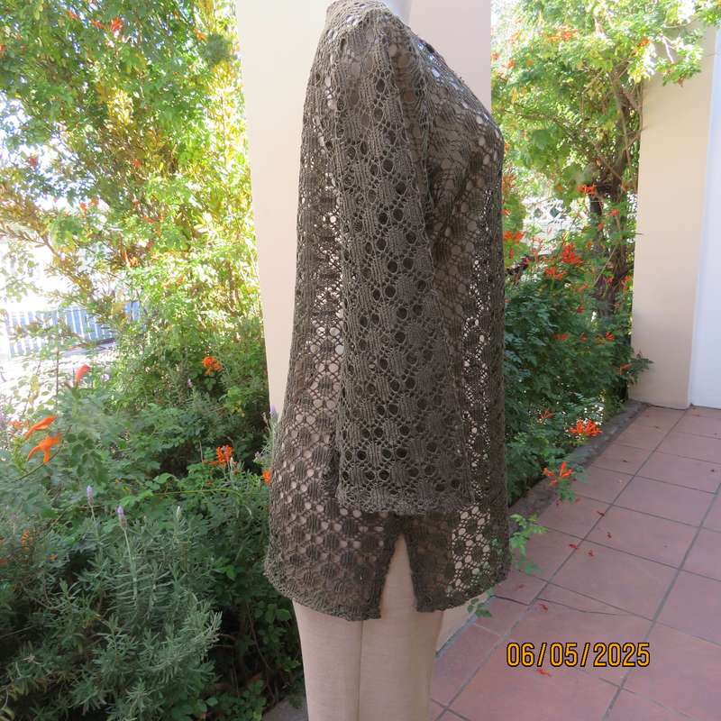 Army green polycotton patterned mesh slip over long sleeve top with silver beads. Size 38