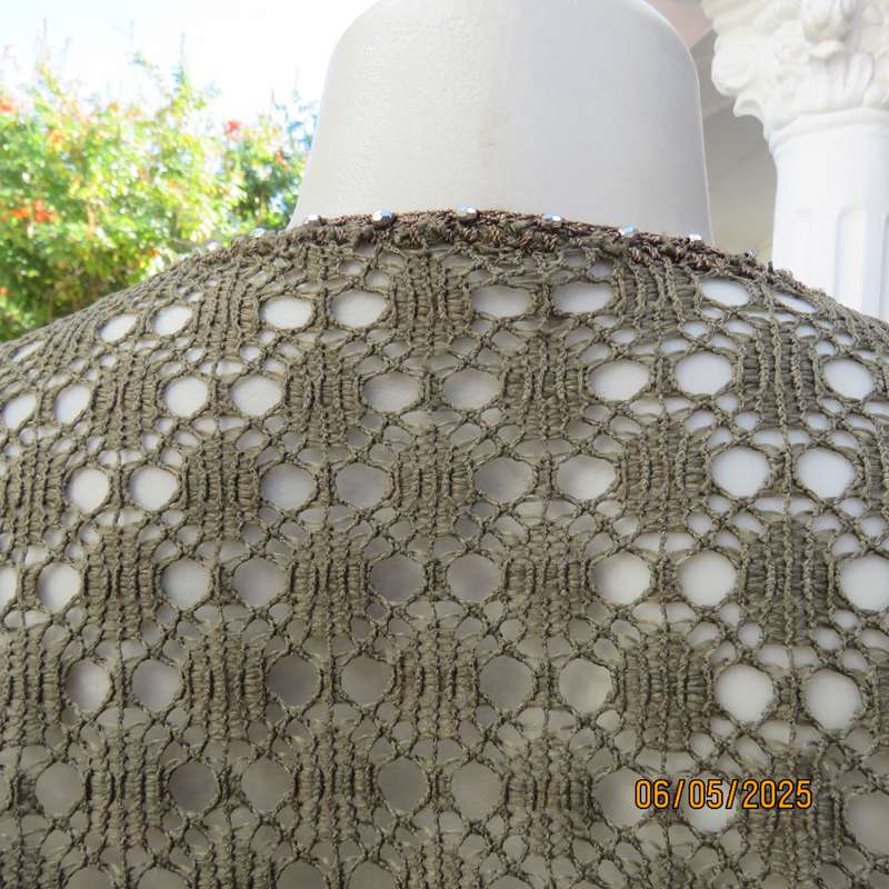 Army green polycotton patterned mesh slip over long sleeve top with silver beads. Size 38
