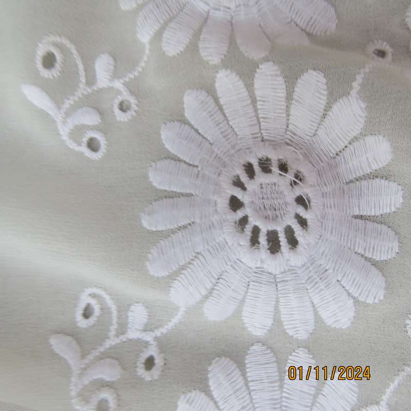 Dainty light cream short sleeve slip over sheer poly top.Bold floral embroidery on front.Size 32,