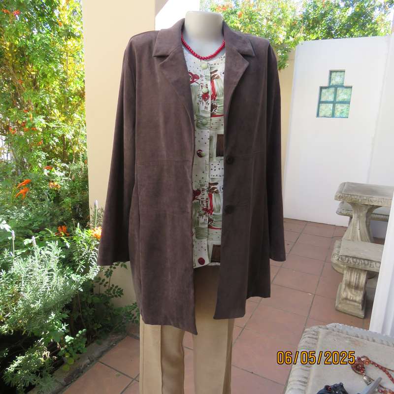 ML Classics fawn brown stretch polyester with suede look long jacket. Size 42-44