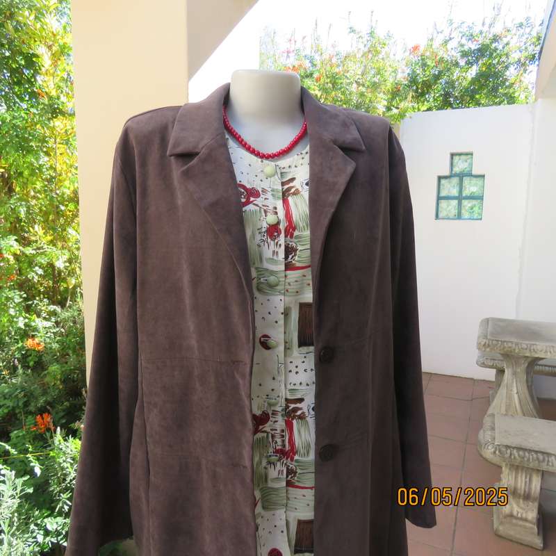 ML Classics fawn brown stretch polyester with suede look long jacket. Size 42-44