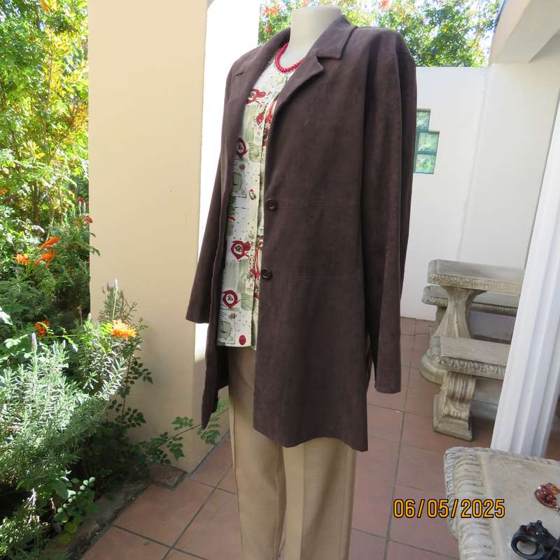 ML Classics fawn brown stretch polyester with suede look long jacket. Size 42-44