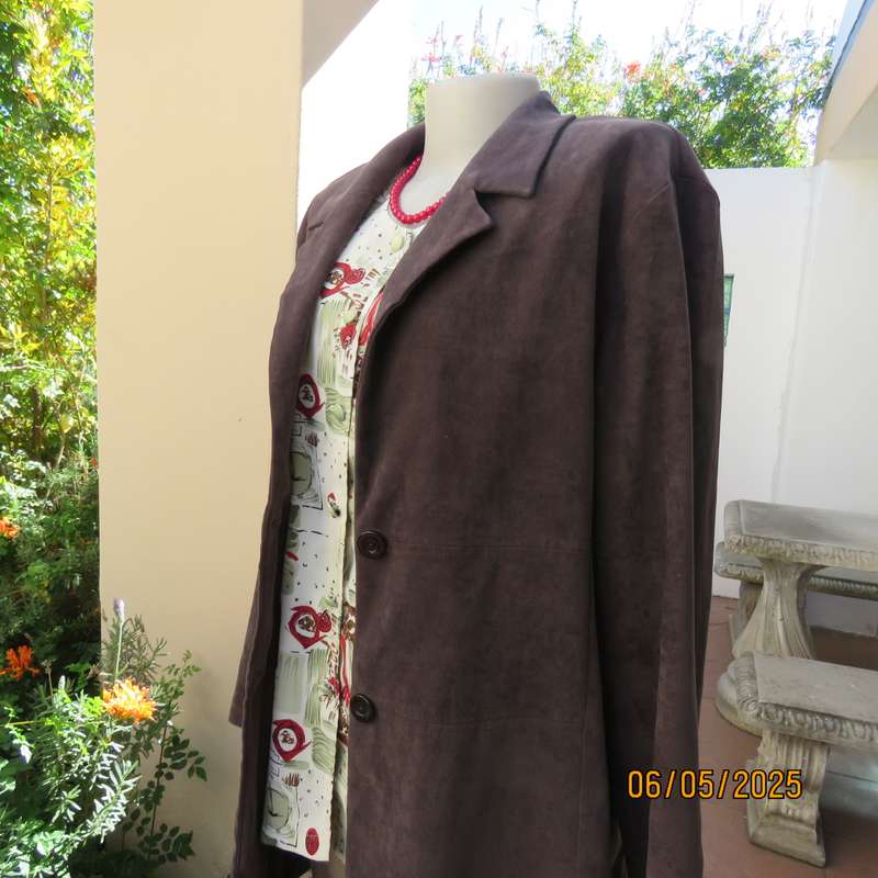 ML Classics fawn brown stretch polyester with suede look long jacket. Size 42-44