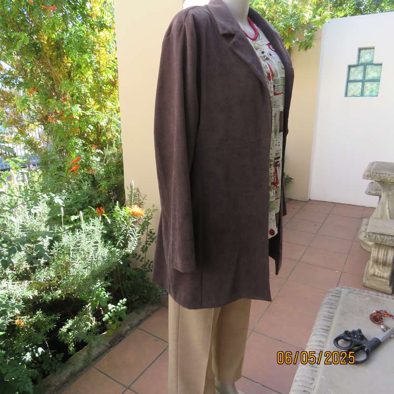 ML Classics fawn brown stretch polyester with suede look long jacket. Size 42-44