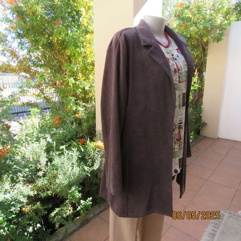 ML Classics fawn brown stretch polyester with suede look long jacket. Size 42-44