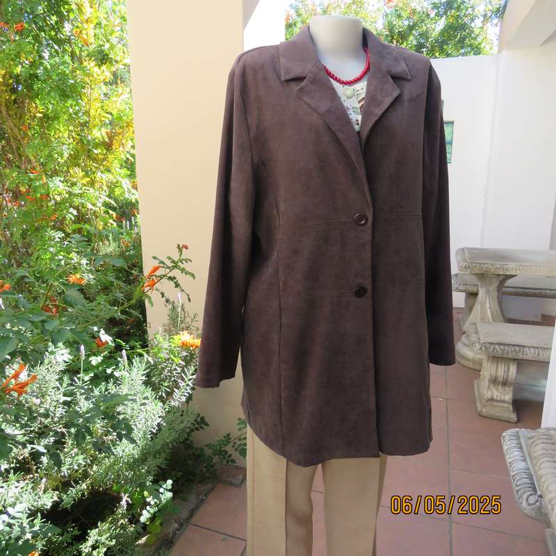 ML Classics fawn brown stretch polyester with suede look long jacket. Size 42-44
