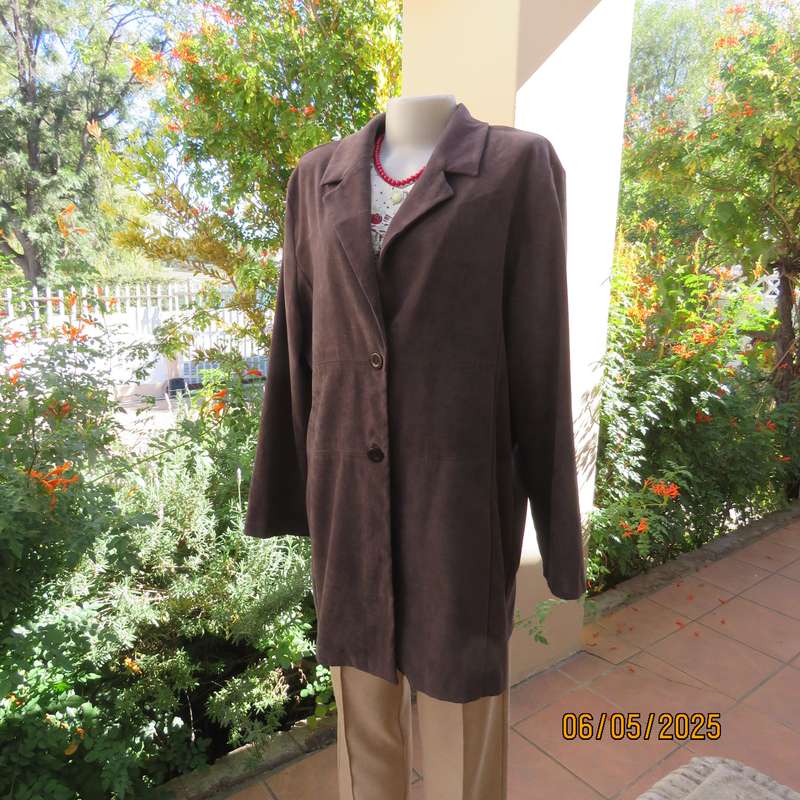 ML Classics fawn brown stretch polyester with suede look long jacket. Size 42-44