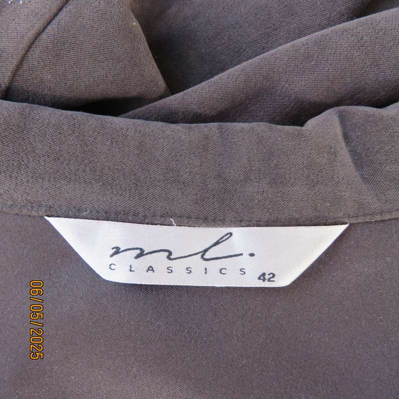 ML Classics fawn brown stretch polyester with suede look long jacket. Size 42-44