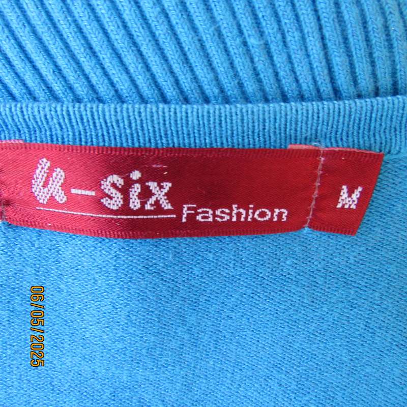 U_SIX teal blue short sleeve button down V neck cardigan in polycotton stretch. Size 34