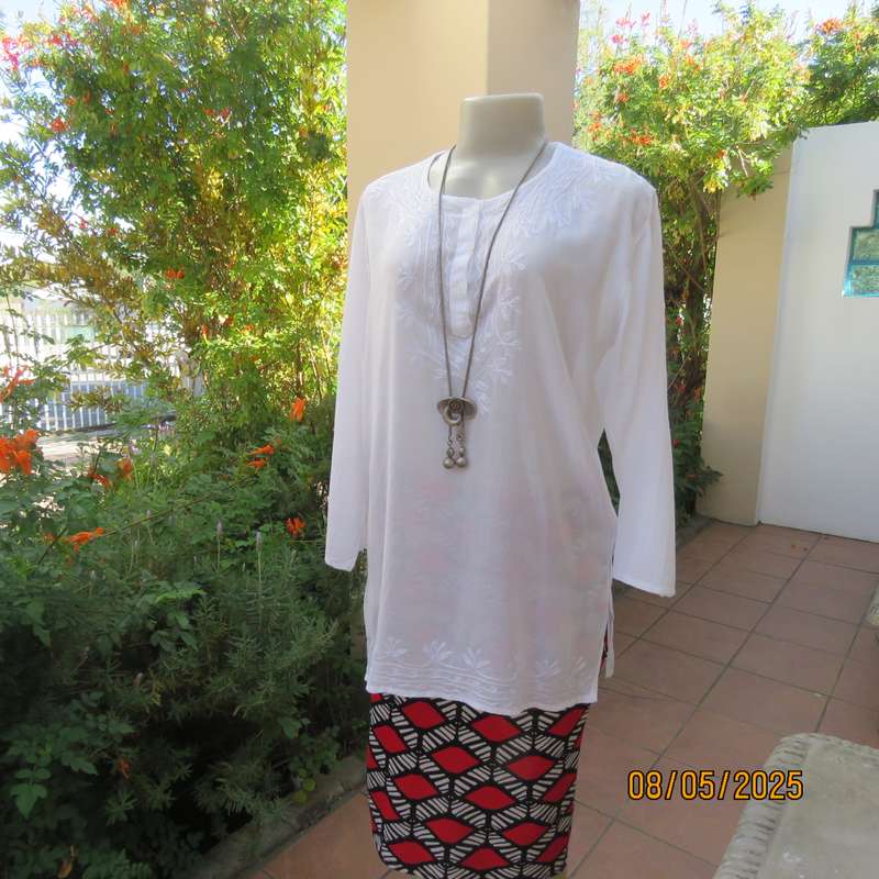 White fine thin cotton slip over long sleeve embroidered top from India. Size 40