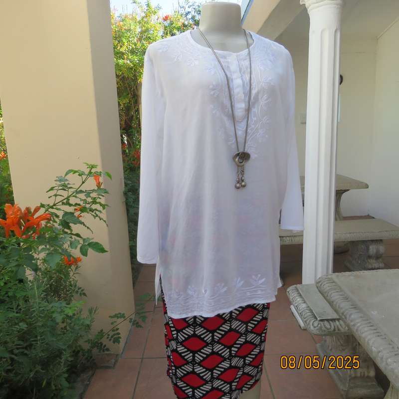 White fine thin cotton slip over long sleeve embroidered top from India. Size 40