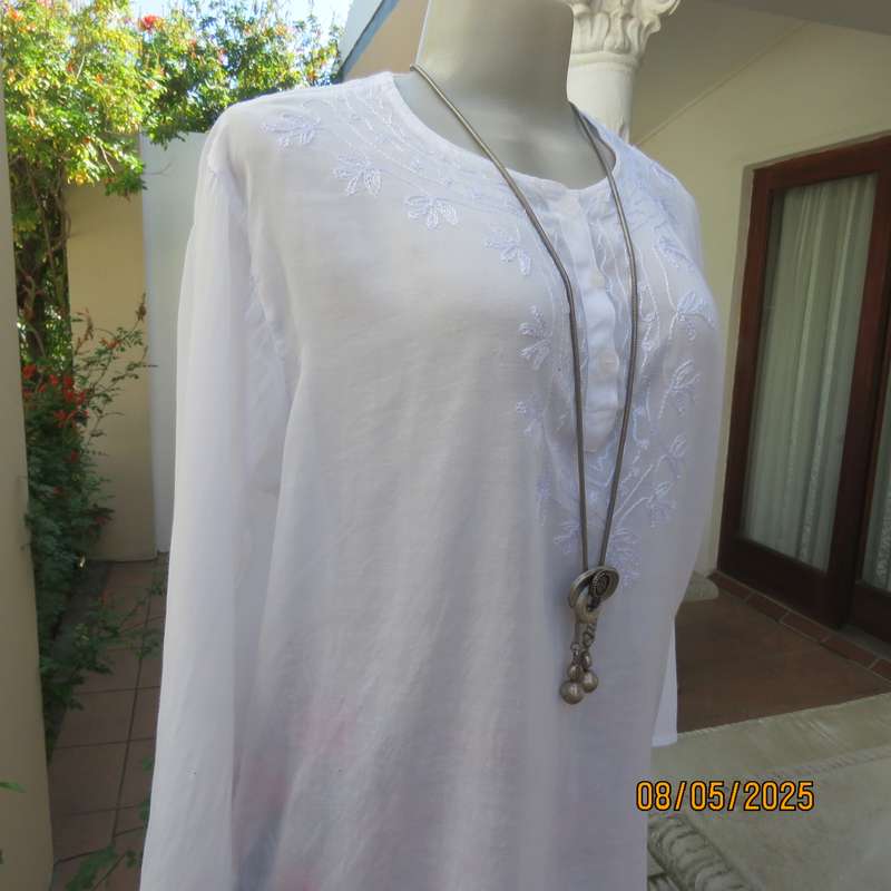 White fine thin cotton slip over long sleeve embroidered top from India. Size 40