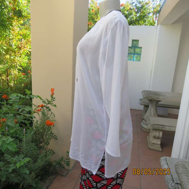 White fine thin cotton slip over long sleeve embroidered top from India. Size 40
