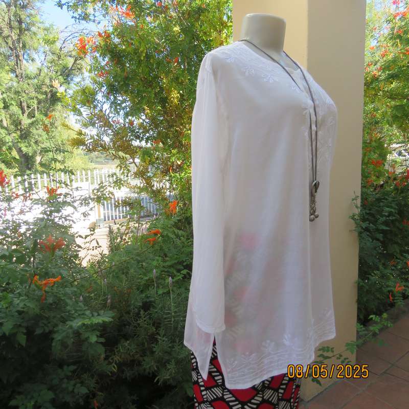 White fine thin cotton slip over long sleeve embroidered top from India. Size 40