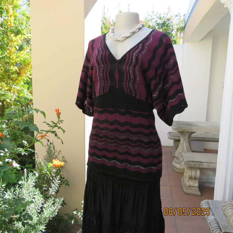 Plum and black zig zag acrylic knit top with knit-on sleeves. Silver thread. Size 38