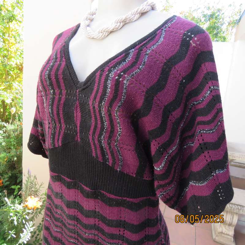 Plum and black zig zag acrylic knit top with knit-on sleeves. Silver thread. Size 38