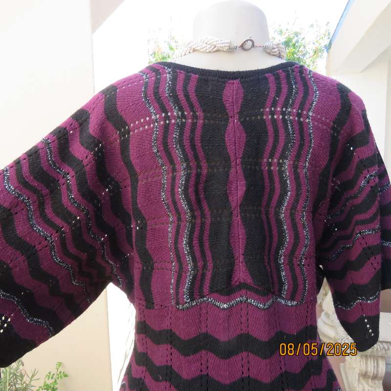 Plum and black zig zag acrylic knit top with knit-on sleeves. Silver thread. Size 38