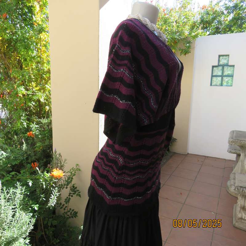 Plum and black zig zag acrylic knit top with knit-on sleeves. Silver thread. Size 38