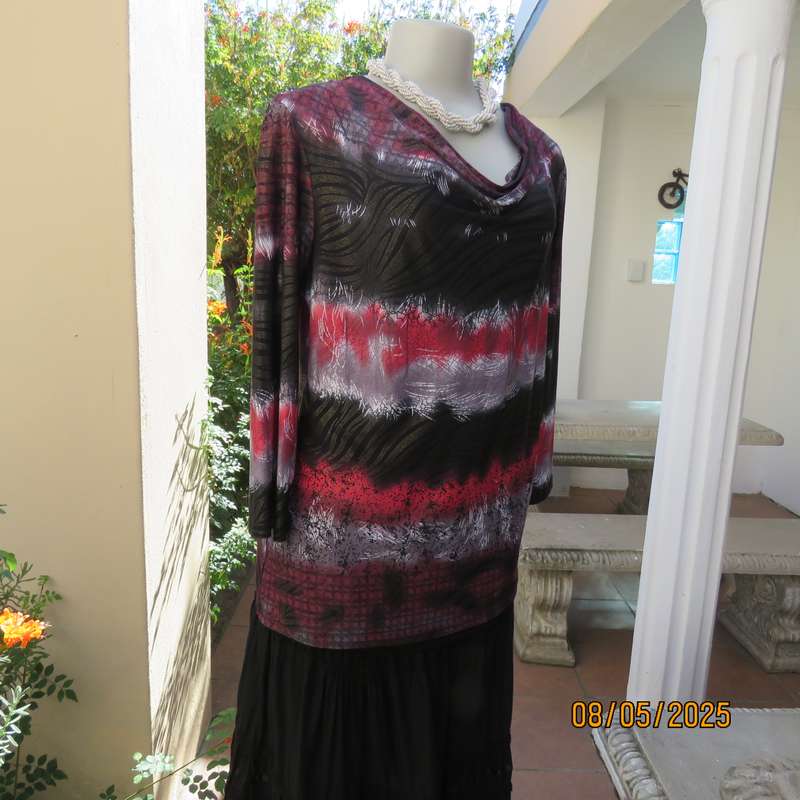 Red-white and black pattern stripe long sleeve polyester stretch cowl neck top. Size 38