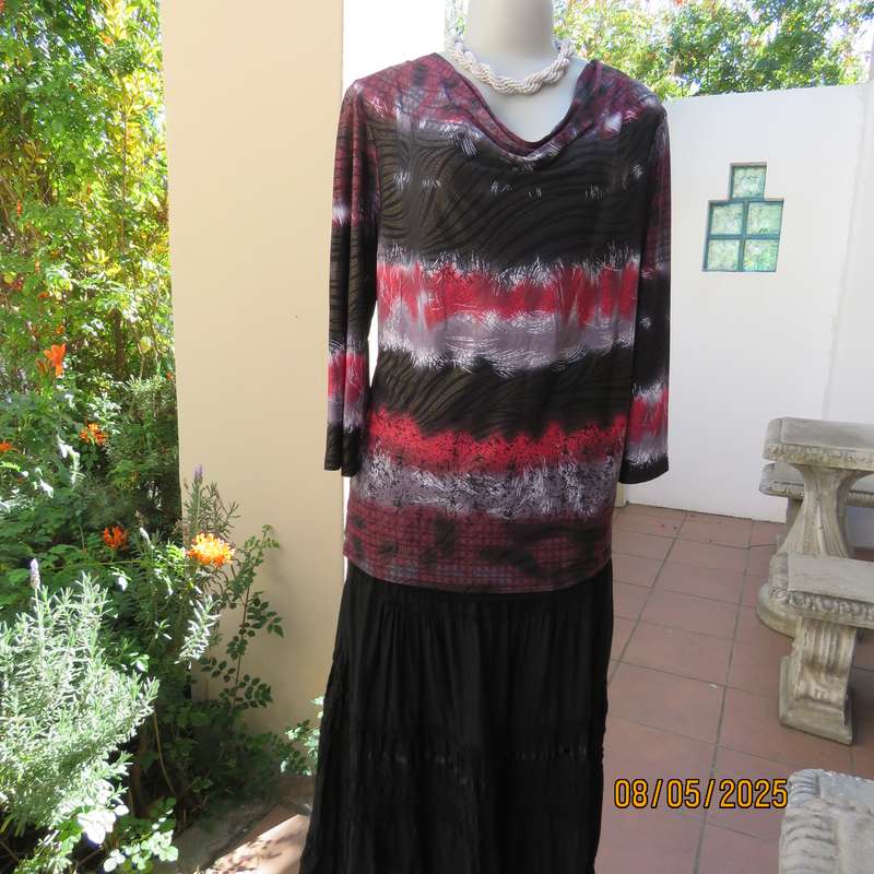 Red-white and black pattern stripe long sleeve polyester stretch cowl neck top. Size 38