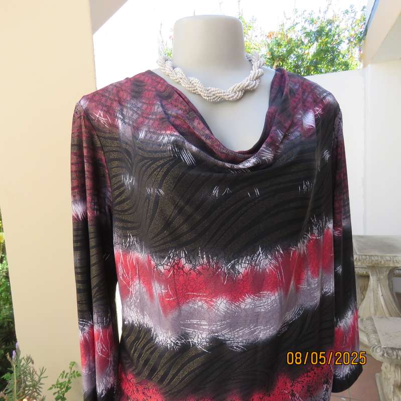 Red-white and black pattern stripe long sleeve polyester stretch cowl neck top. Size 38